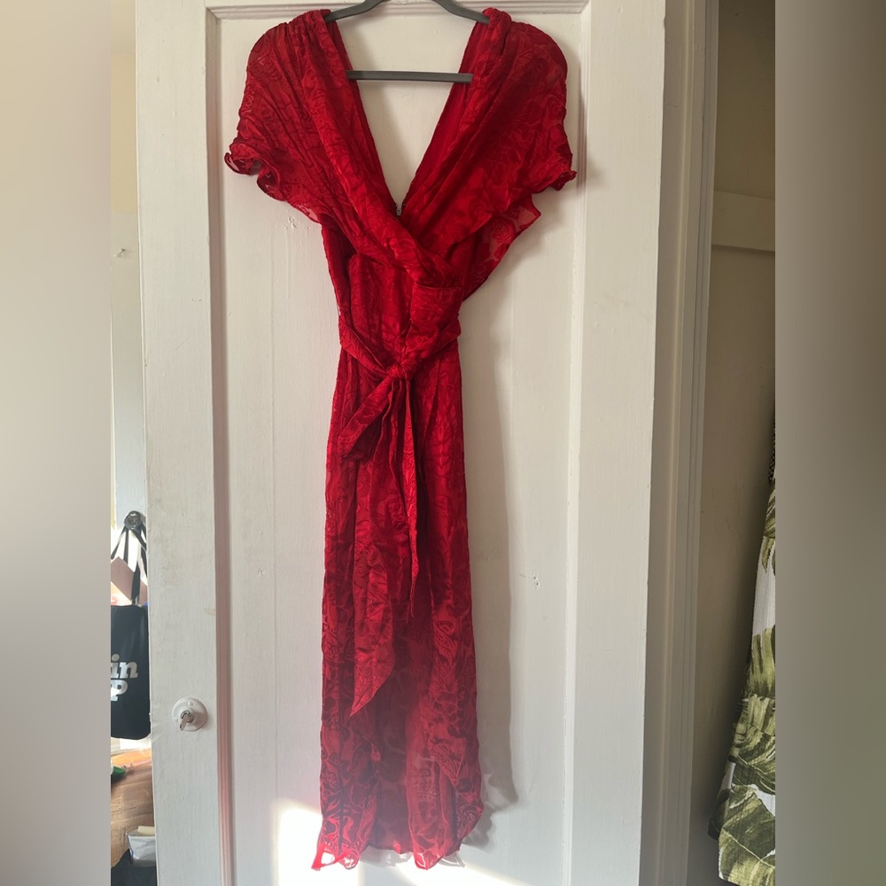 Alice + Olivia Darva Gathered Mock Wrap Midi Baroque Floral Ruby Dress s…